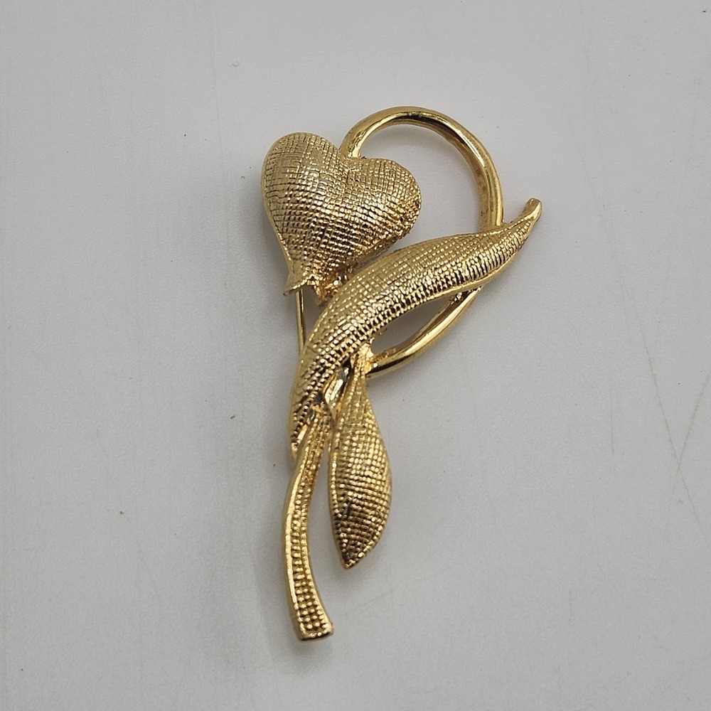 Gold Tone Flower Heart Brooch Vintage